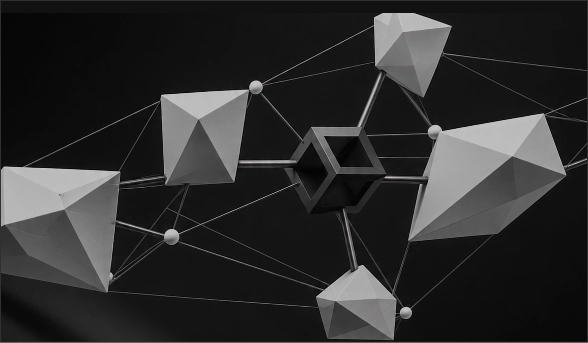 Síť propojených geometrických prvků symbolizující týmovou koordinaci a rozvoj výkonu